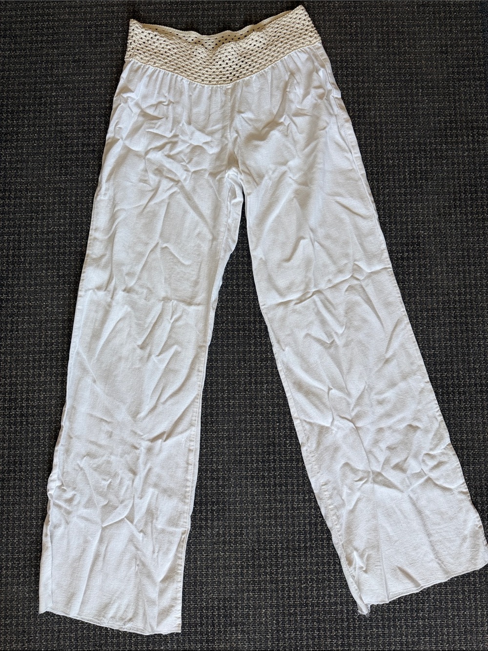 Angel Kiss Women's White Straight-Leg Pants with Crochet Waistband